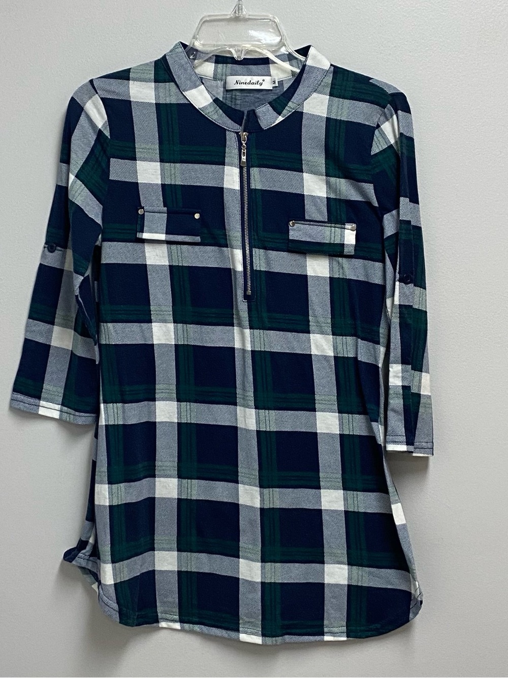 Ninedaily Green & Navy Plaid Zip Front Tunic shirt size medium